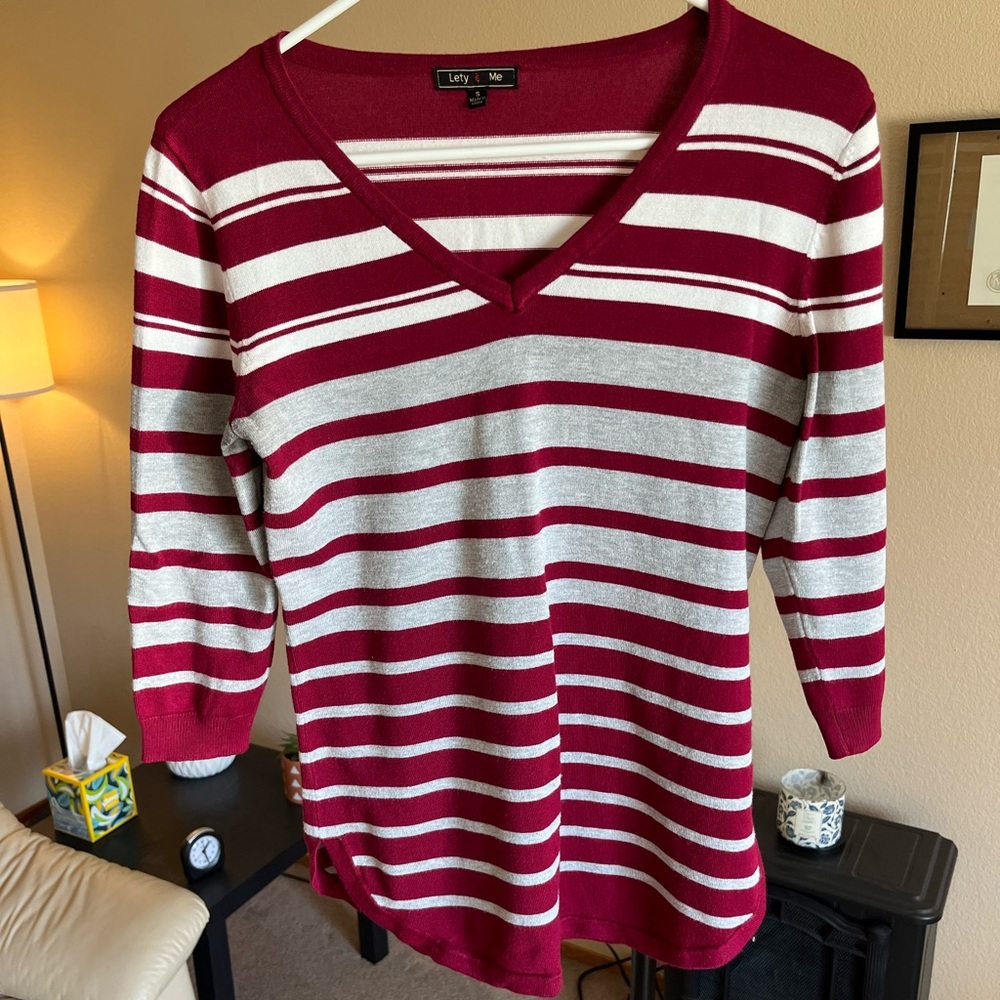 MUST GO: Red and White Striped V-Neck Sweater